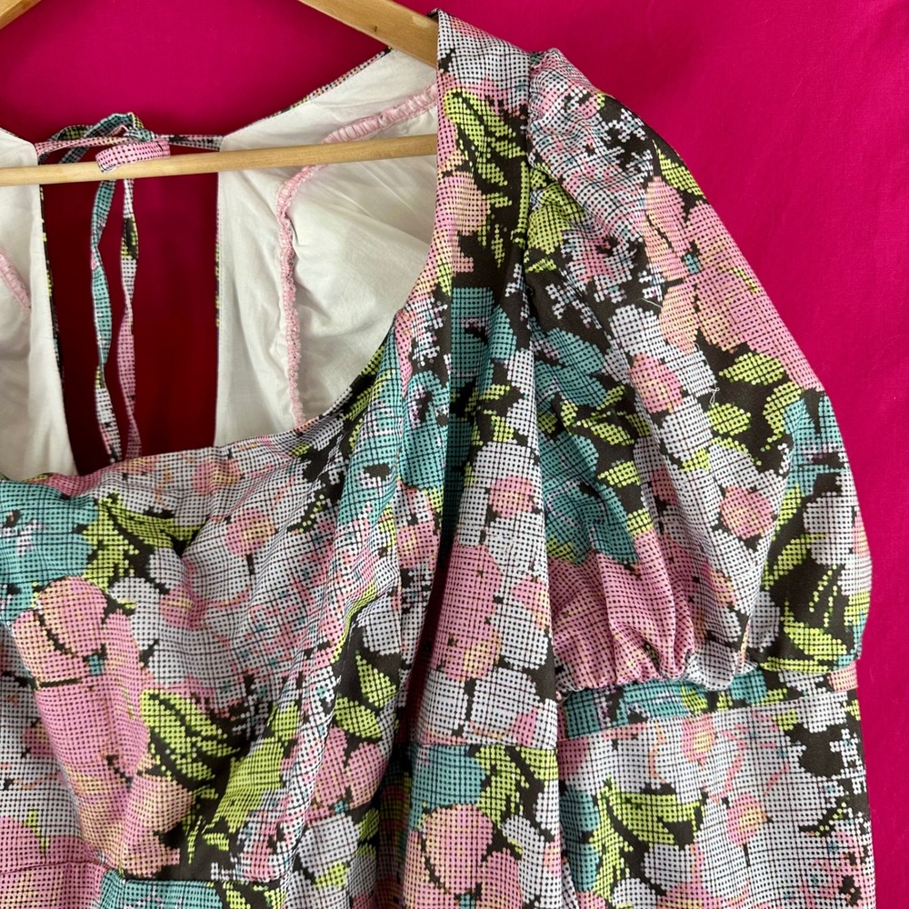 ASOS Curve Puff Sleeve Floral Mini Dress Plus Size 22 Long Sleeve Open Back Tie - Picture 13 of 14